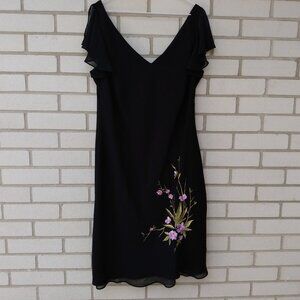 Vintage Chiffon Layered Dress Black Embroidered Flowers Flounce Sleeve Size 16W
